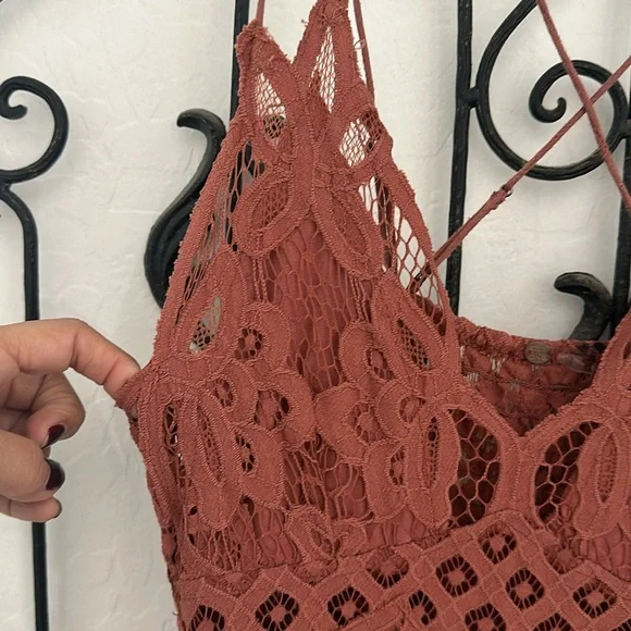 FREE PEOPLE Adella Lace Bralette Crinkle Lined Maxi Dress in Copper Brown Sz S. - Picture 8 of 16